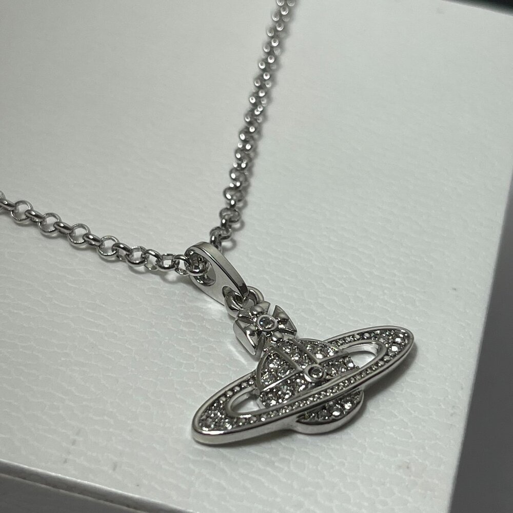Vivienne Westwood Necklace Silver Orb Necklace with Clear Crystals August Sale